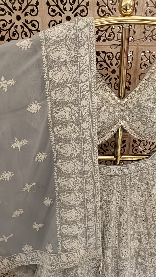 Bridal silver-grey Thread Work lehenga set premium georgette fabric Lehenga.