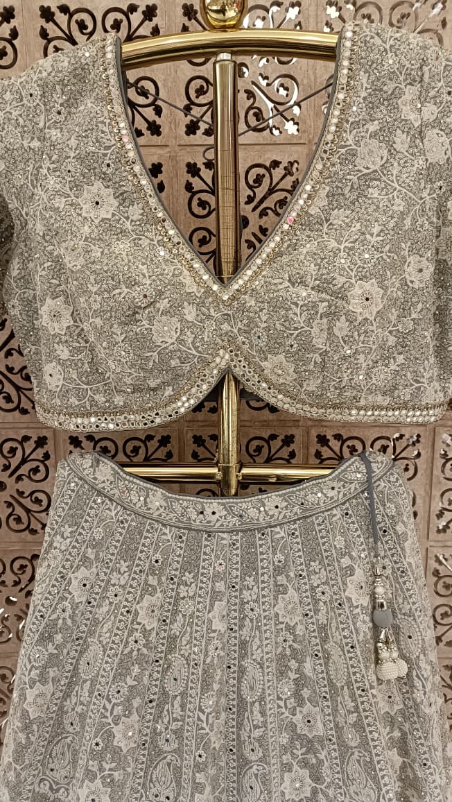 Bridal silver-grey Thread Work lehenga set premium georgette fabric Lehenga.