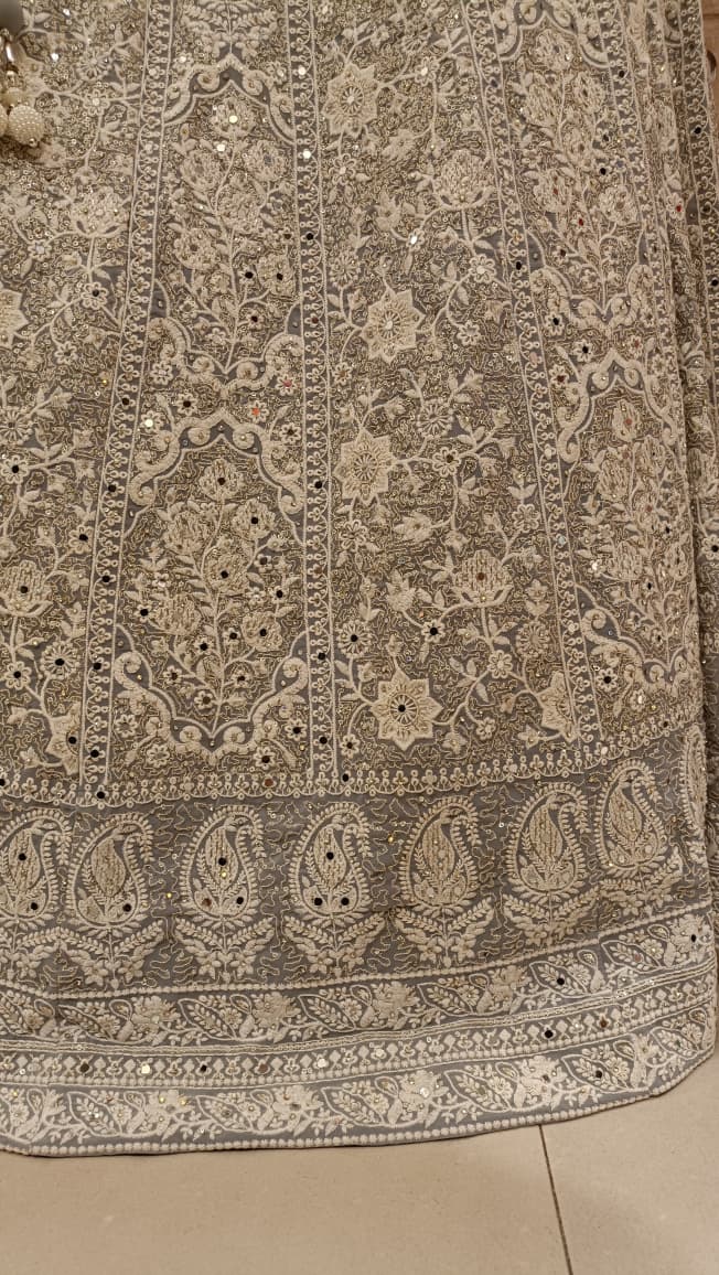 Bridal silver-grey Thread Work lehenga set premium georgette fabric Lehenga.