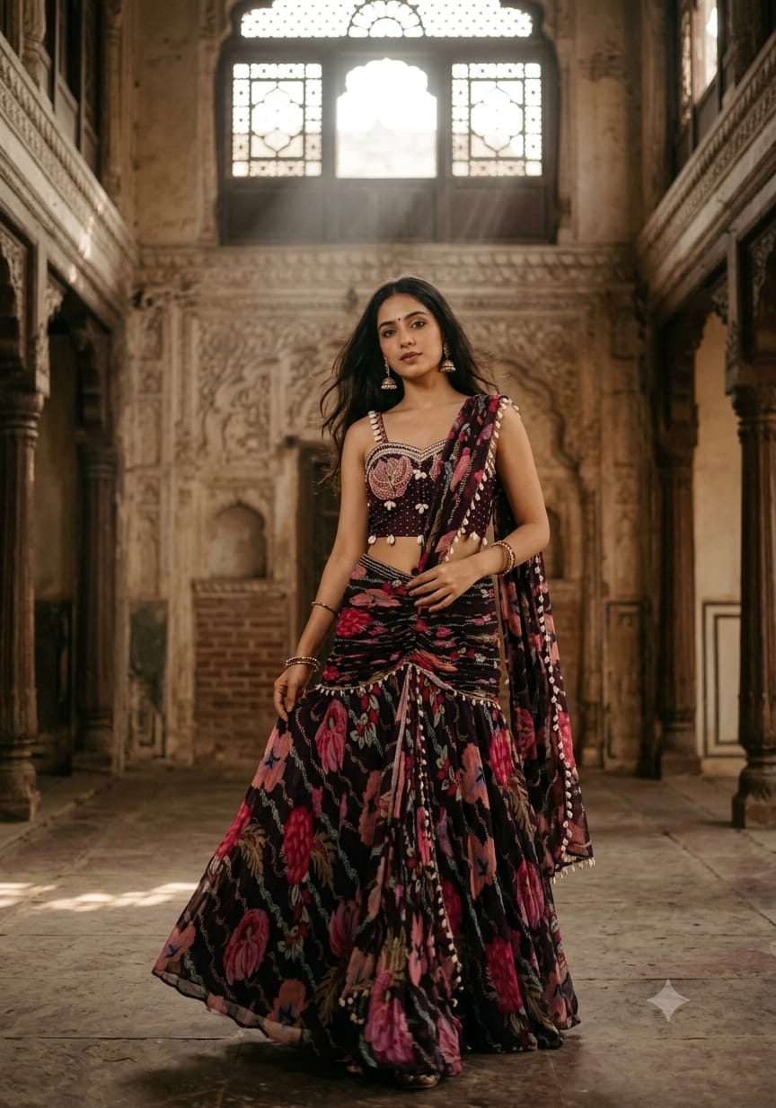contemporary deep plum floral draped lehenga set  fluid, lightweight georgette fabric,