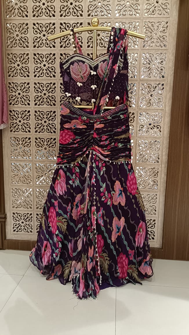 contemporary deep plum floral draped lehenga set  fluid, lightweight georgette fabric,