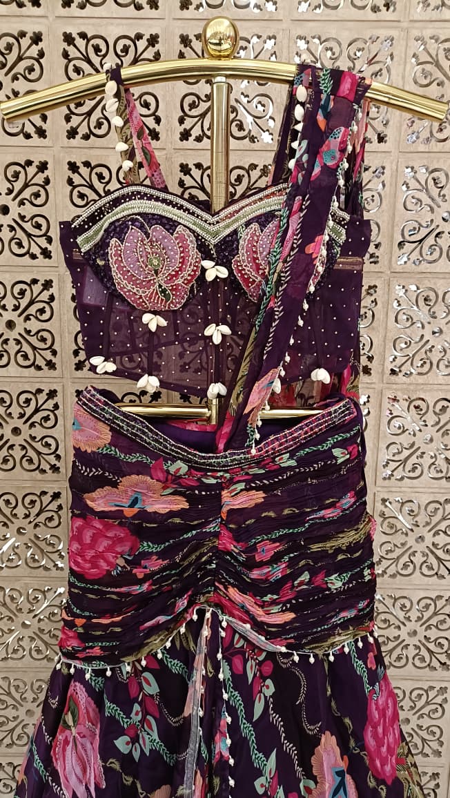 contemporary deep plum floral draped lehenga set  fluid, lightweight georgette fabric,