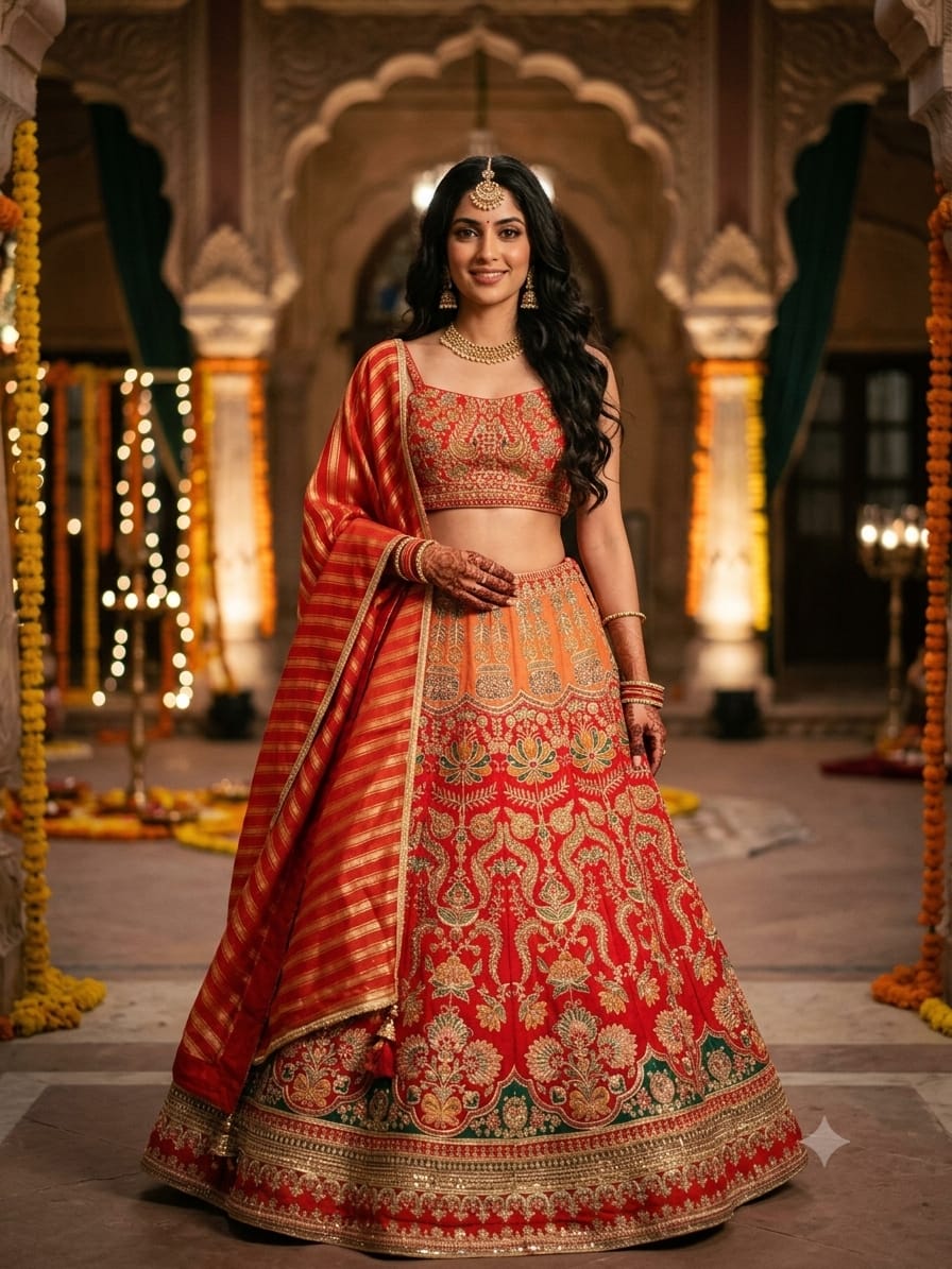 Rust orange and red lehenga choli With luxurious Satin Silk fabrics.