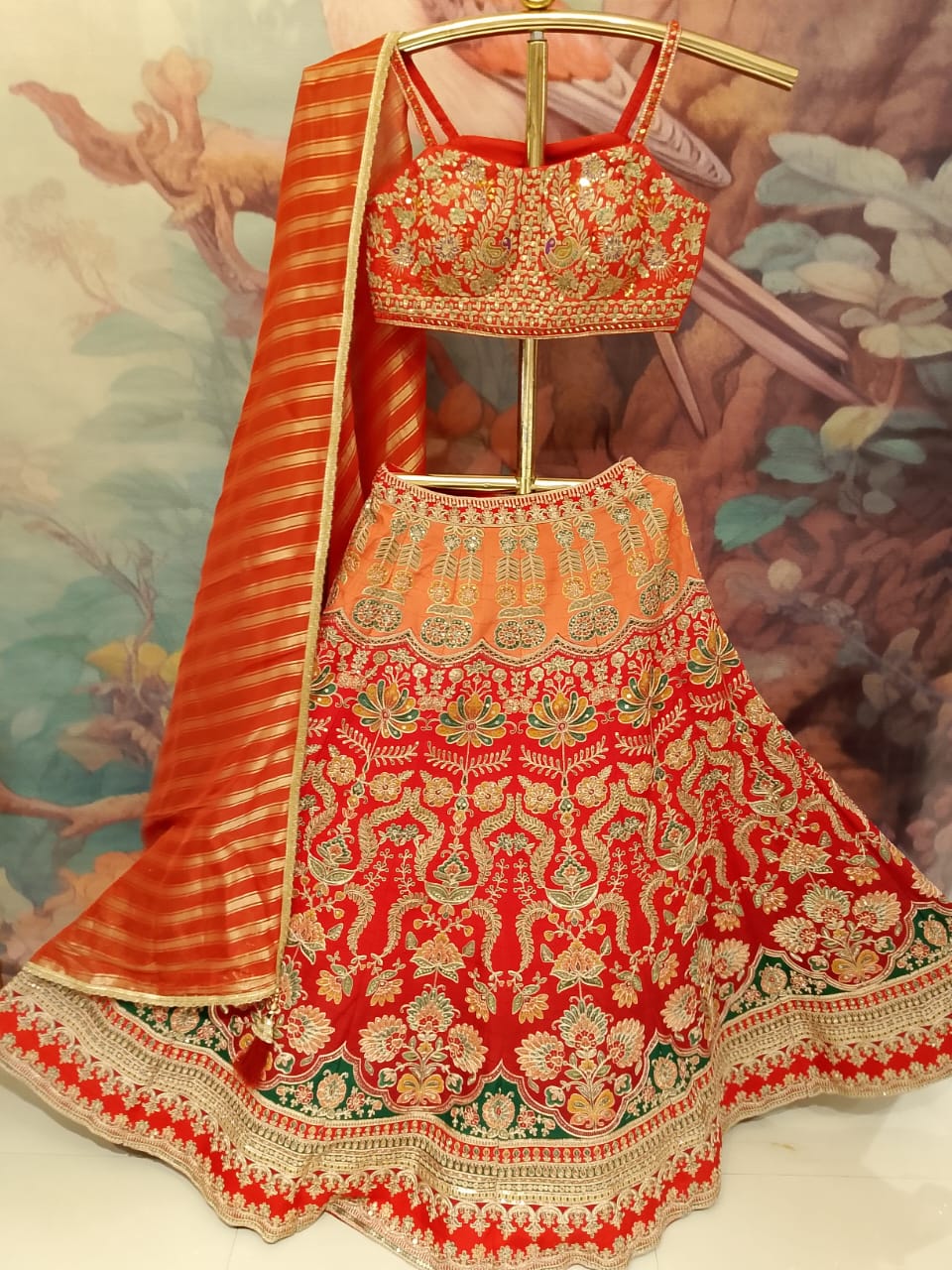 Rust orange and red lehenga choli With luxurious Satin Silk fabrics.
