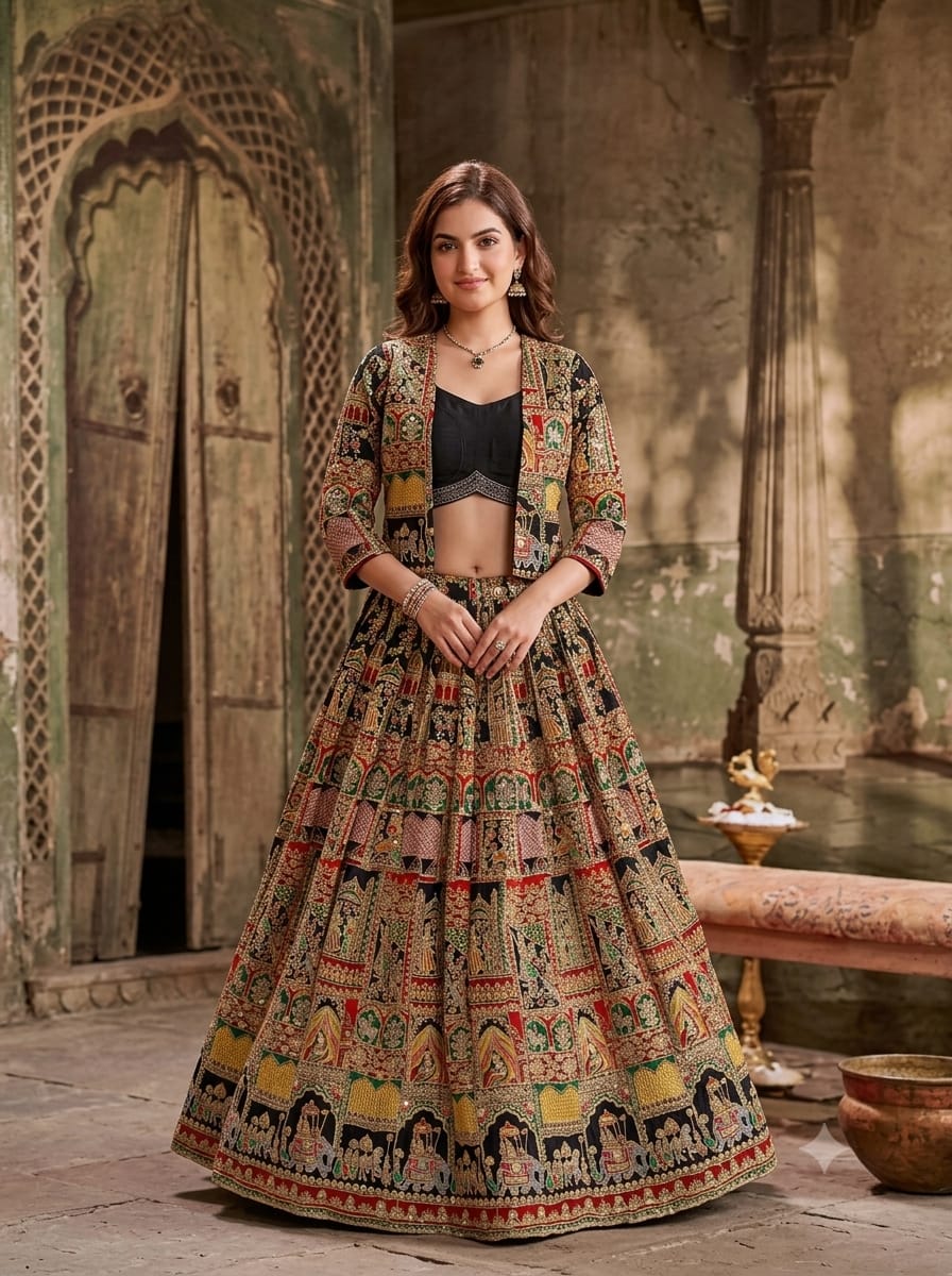 three-piece jacket Satin Silk lehenga set intricate traditional print and embroidery patterns.