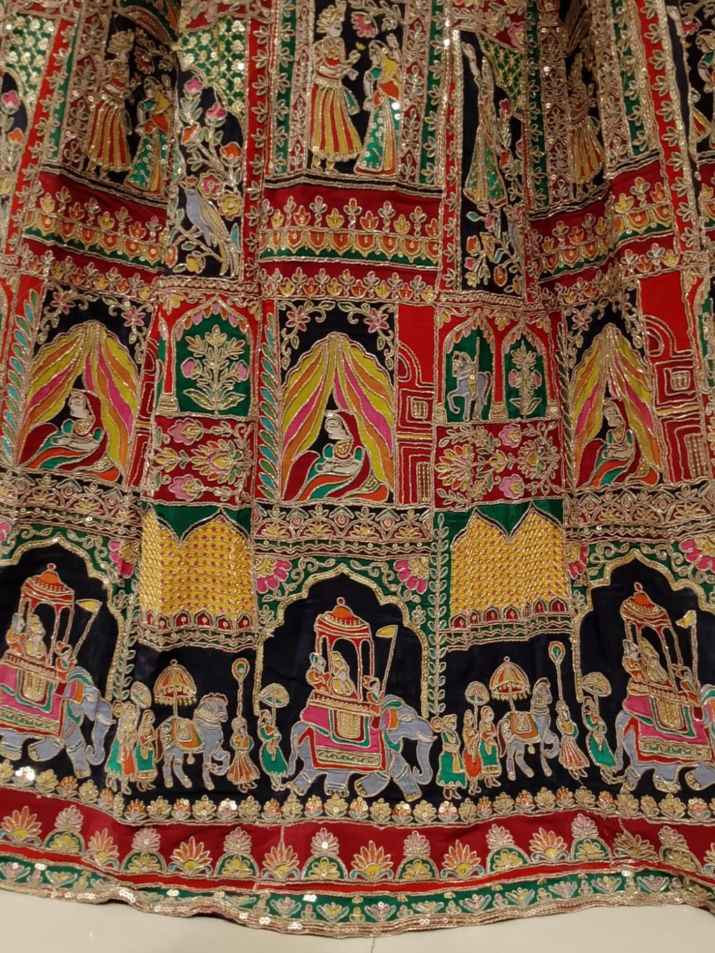 three-piece jacket Satin Silk lehenga set intricate traditional print and embroidery patterns.