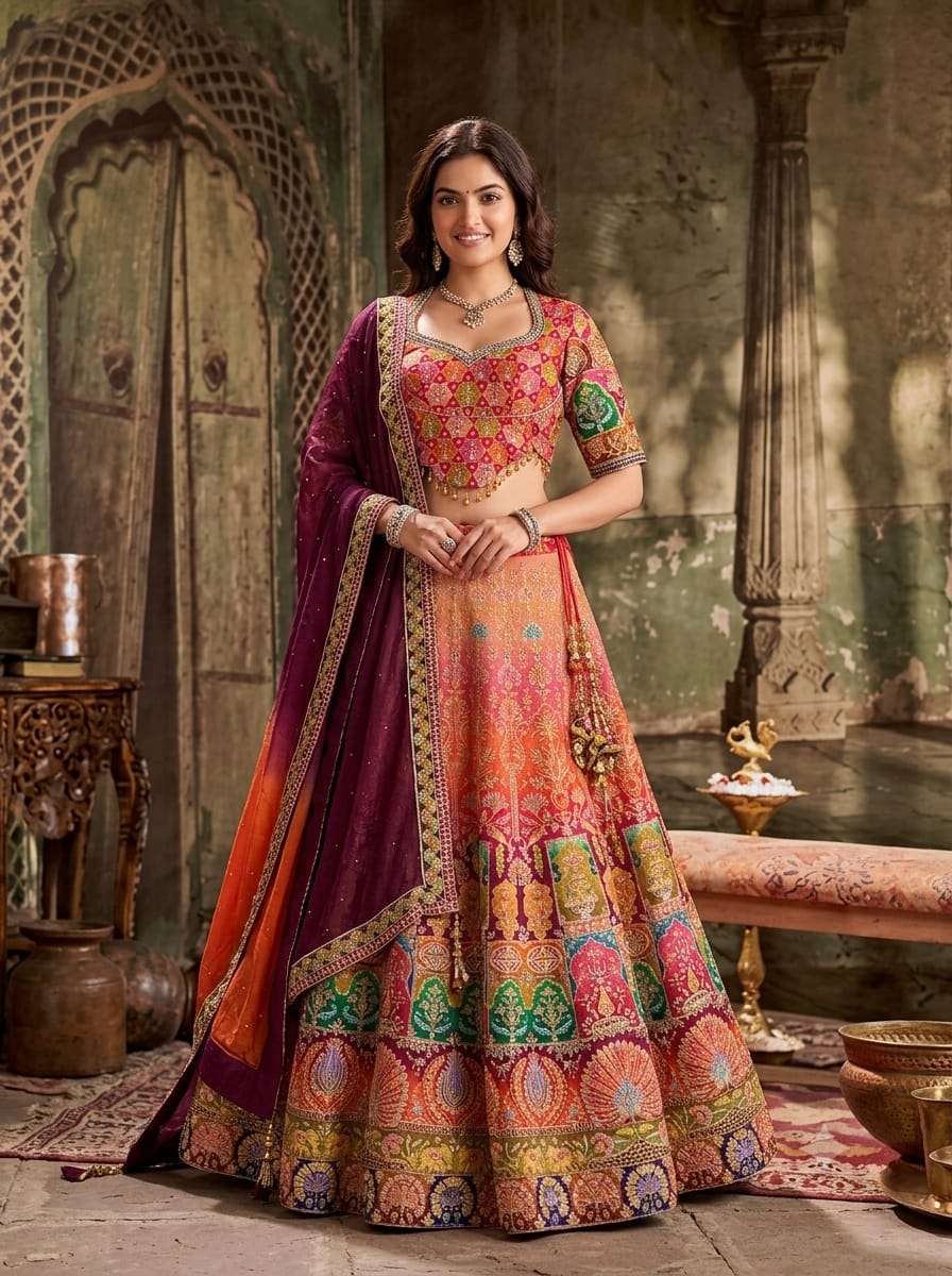 multicolor festive Satin Silk lehenga choli ensemble intricate multi-hued patchwork style embroidery