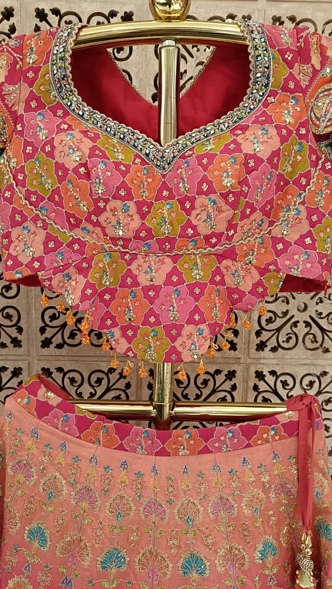 multicolor festive Satin Silk lehenga choli ensemble intricate multi-hued patchwork style embroidery
