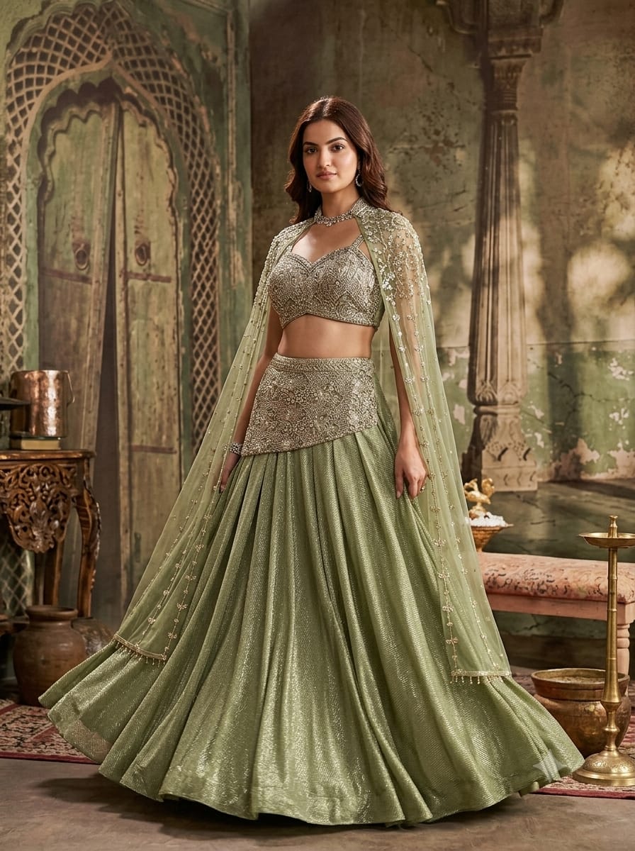 sage green lehenga choli shimmer georgette and sheer net fabrics.