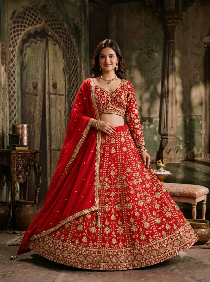 exquisite red Georgette lehenga choli wedding functions, sangeet, and high-end festive celebrations.
