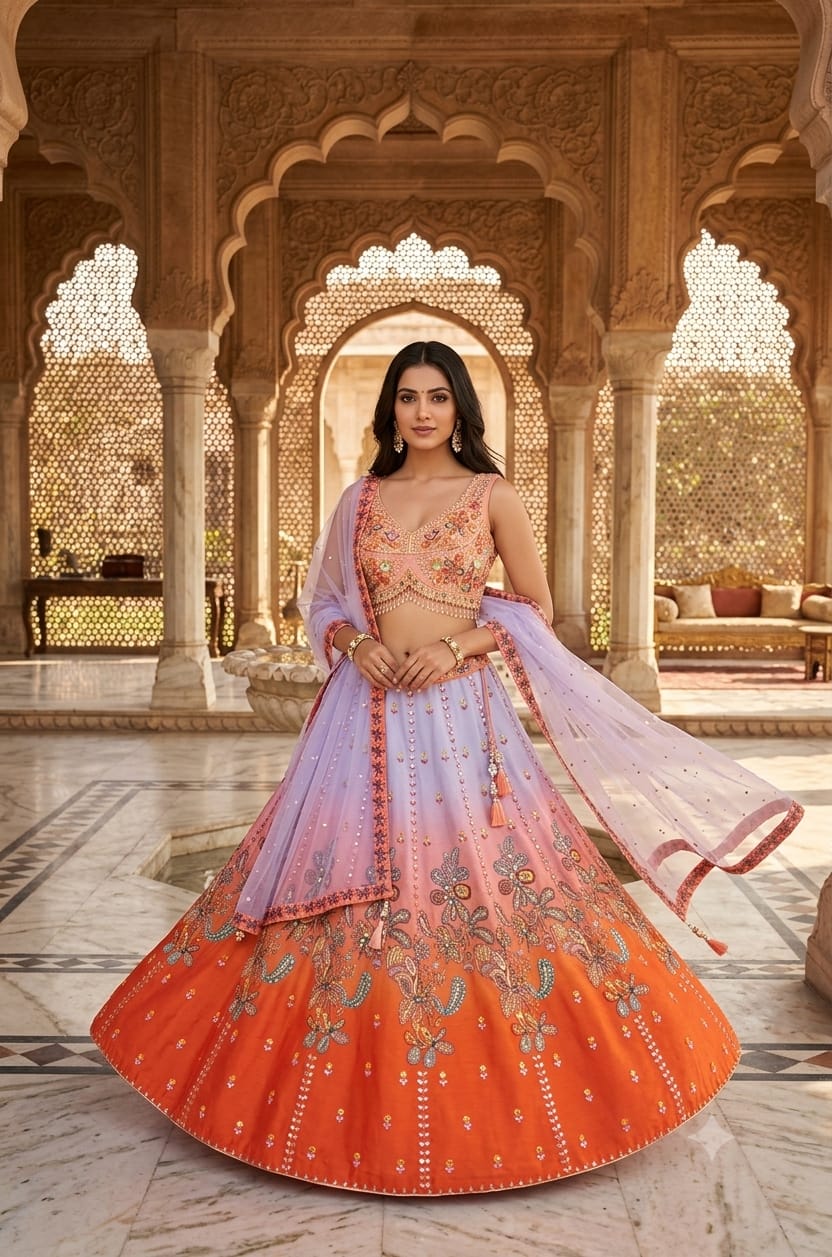 enchanting pastel ombre lehenga choli ensemble Silk  intricate floral embroidery.