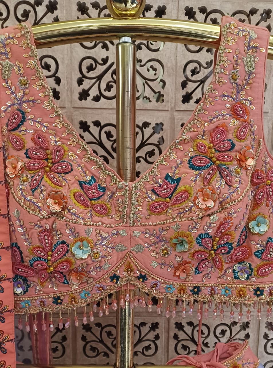 enchanting pastel ombre lehenga choli ensemble Silk  intricate floral embroidery.