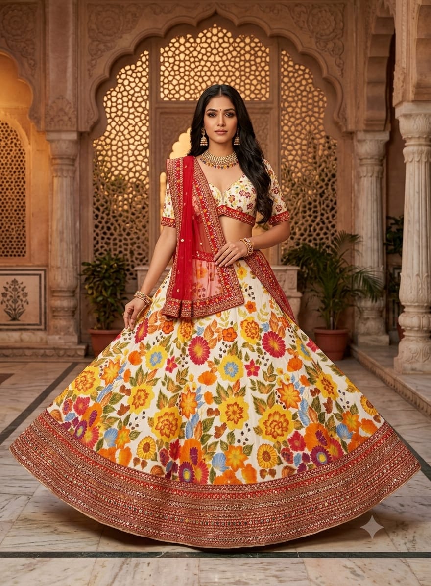 vibrant ivory and red floral lehenga choli off-white ivory base canvas  Mehendi ceremonies, bridal wear, sangeet functions, and high-end festive celebrations