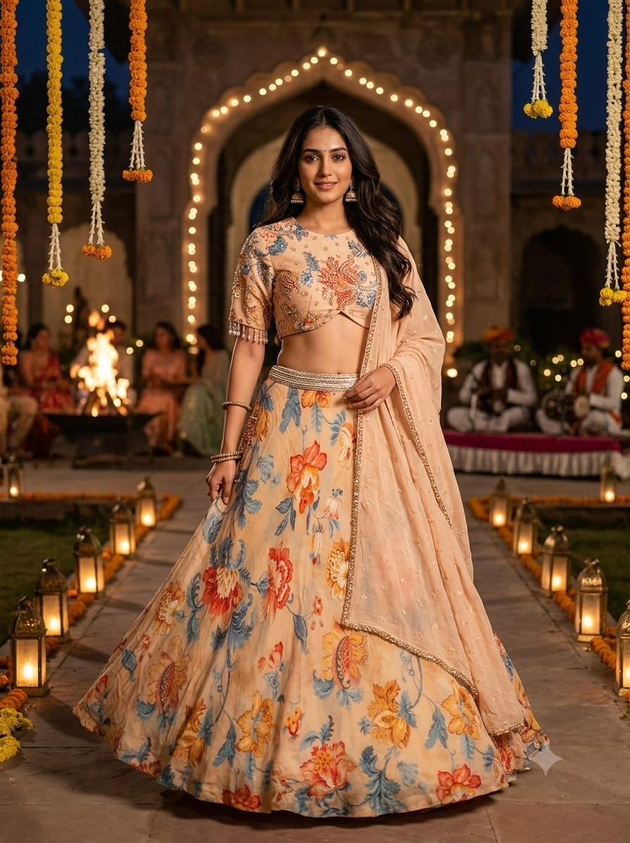 Pastel Peach Floral Georgette Lehenga Choli Set.