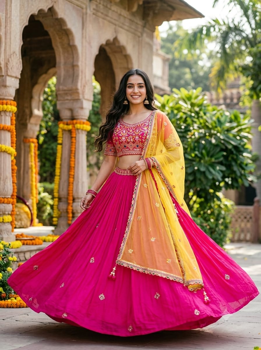 Rani Pink Hand-Embroidered Georgette Lehenga Choli with Bright Yellow Dupatta.