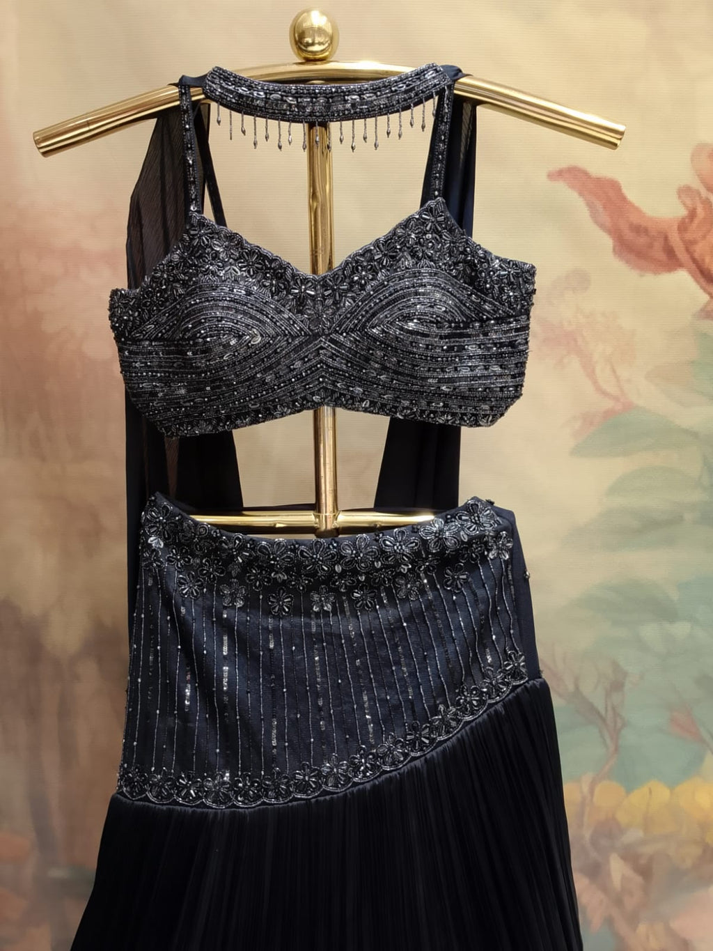 Charcoal Navy Georgette Accordion Pleat Lehenga Set with Sequin Choli.
