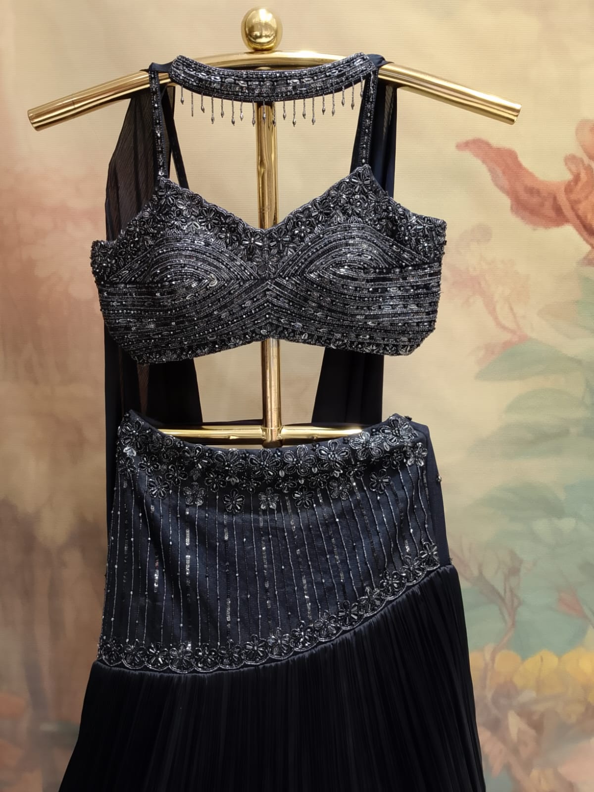 Charcoal Navy Georgette Accordion Pleat Lehenga Set with Sequin Choli.