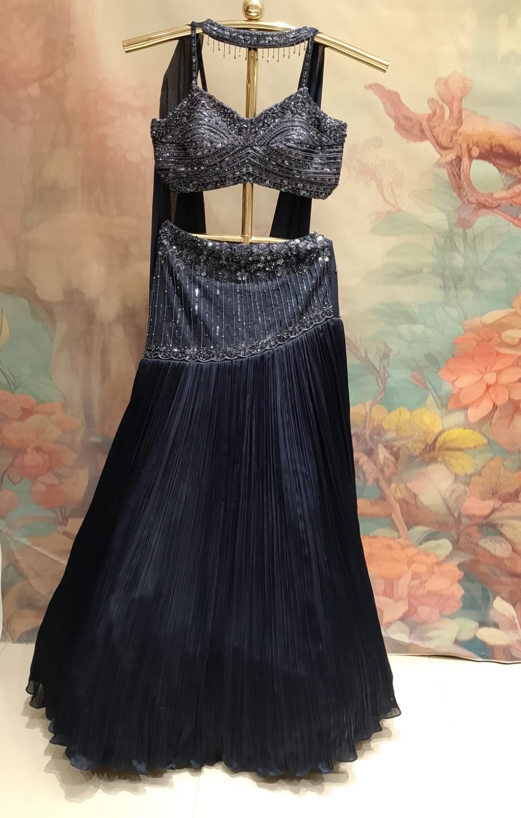 Charcoal Navy Georgette Accordion Pleat Lehenga Set with Sequin Choli.