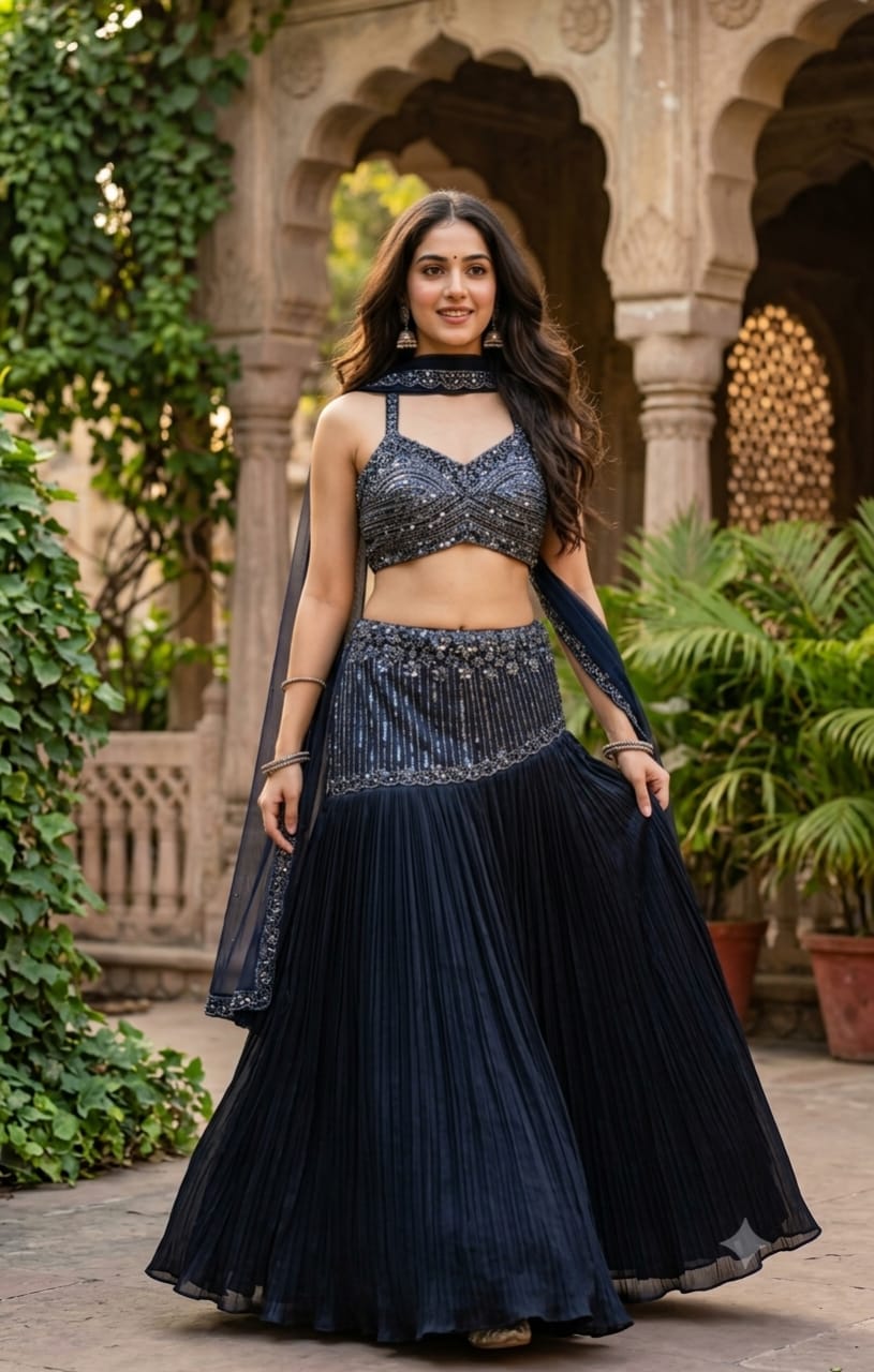 Charcoal Navy Georgette Accordion Pleat Lehenga Set with Sequin Choli.