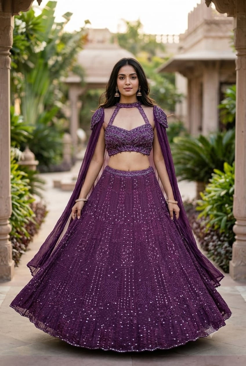 Wine Georgette Cape-Style Lehenga Choli with Hand-Embroidered Blouse.