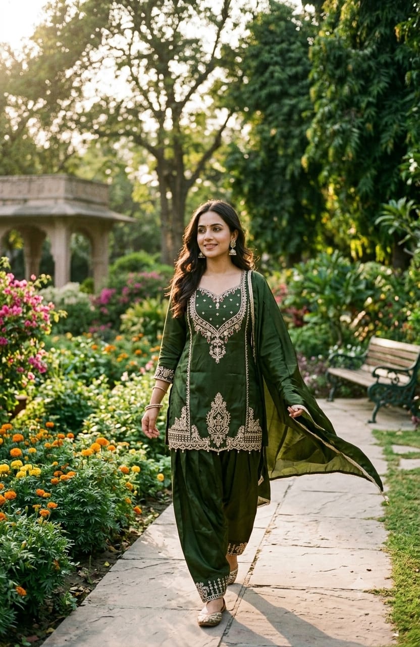 olive-green, three-piece traditional ethnic Simmer Silk suit set short kurta, and Farshi salwar, and a coordinating dupatta with gold borders.