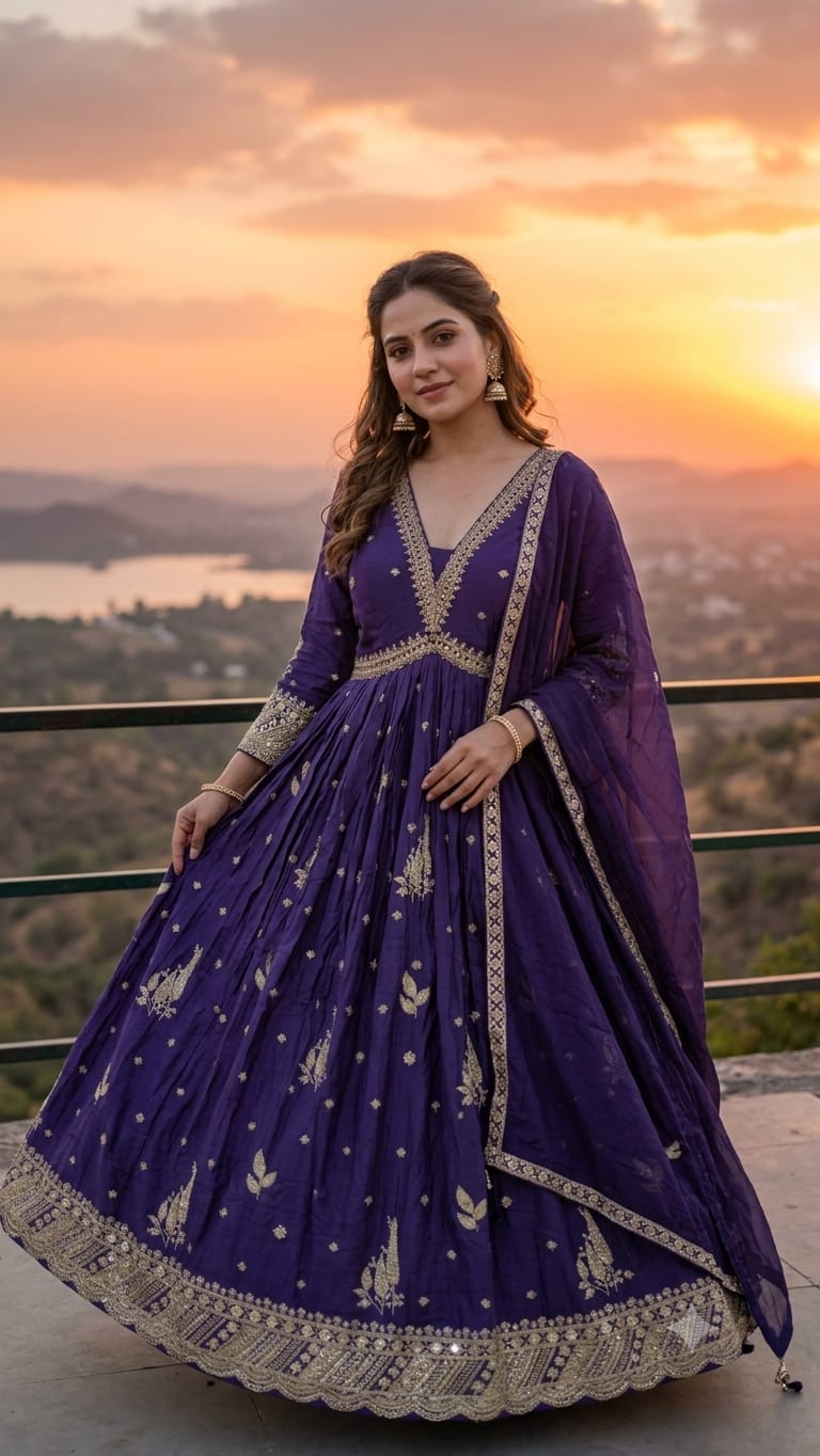 deep purple, floor-length traditional Georgette gown With embroidered dupatta.