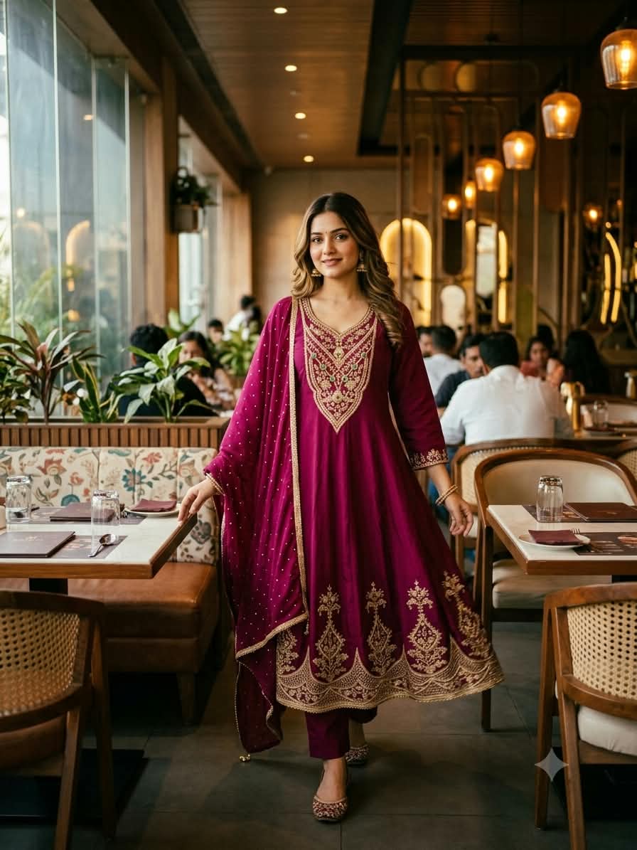 wine-colored, three-piece traditional ethnic Satin Silk suit set Anarkali kurta, dupatta with gold borders.