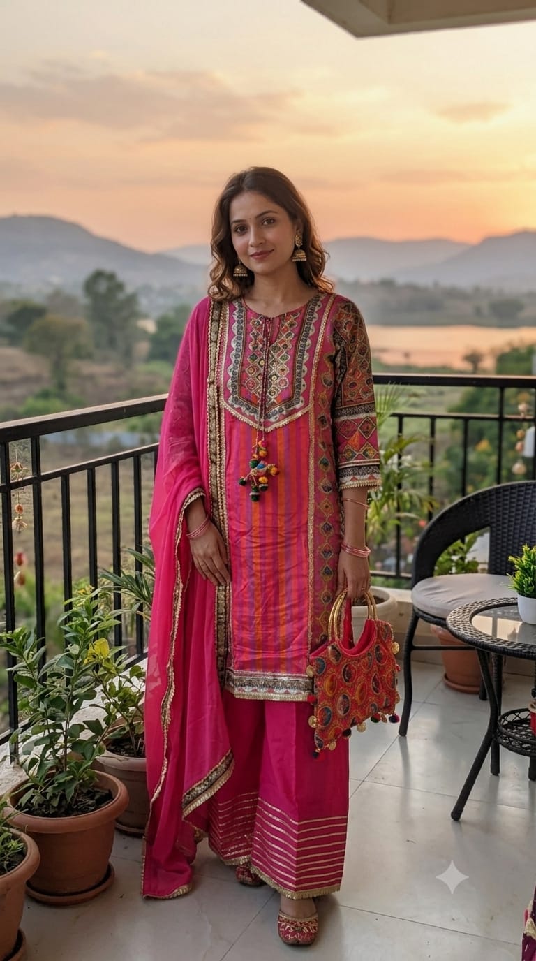 vibrant magenta-pink, Satin Silk three-piece traditional ethnic suit set straight-cut kurta solid dupatta With Potli Purse.