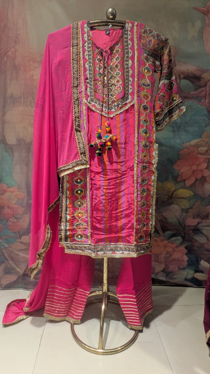 vibrant magenta-pink, Satin Silk three-piece traditional ethnic suit set straight-cut kurta solid dupatta With Potli Purse.