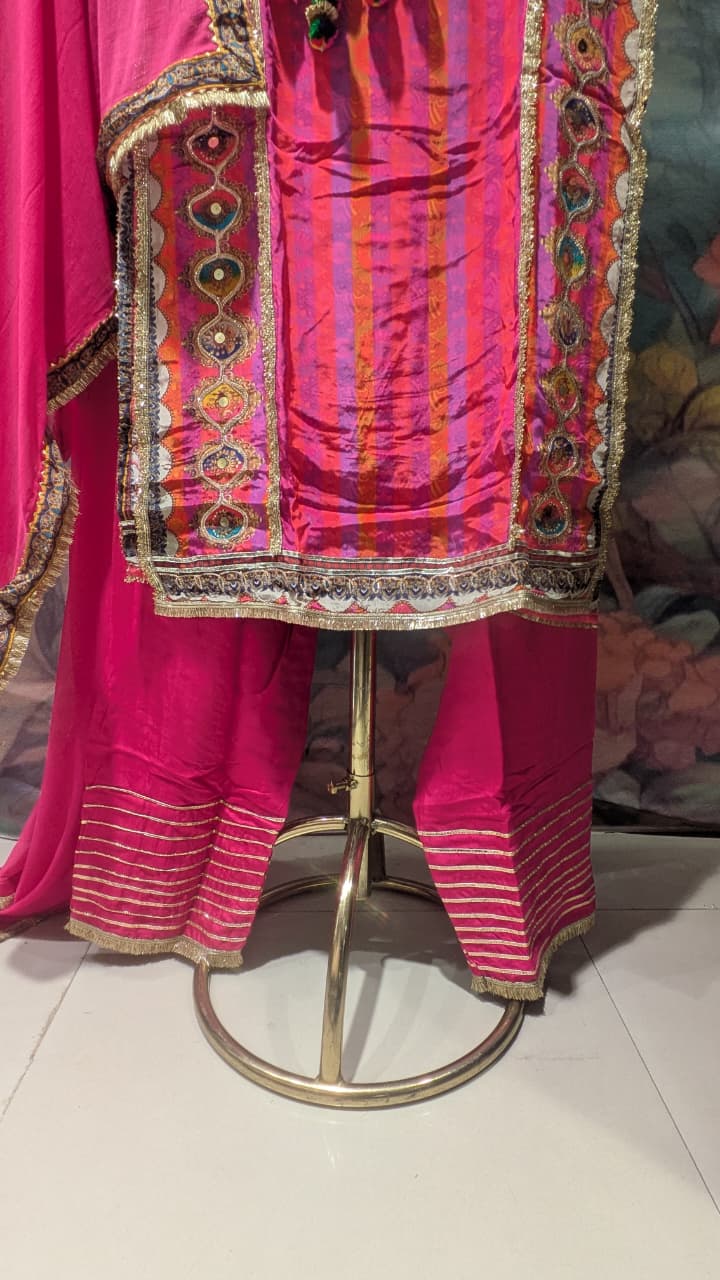 vibrant magenta-pink, Satin Silk three-piece traditional ethnic suit set straight-cut kurta solid dupatta With Potli Purse.