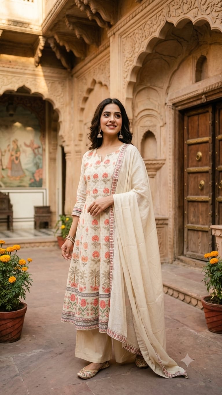 cream-colored, three-piece traditional ethnic ensemble Mul Chanderi Anarkali-style kurta straight-cut trousers, solid dupatta.