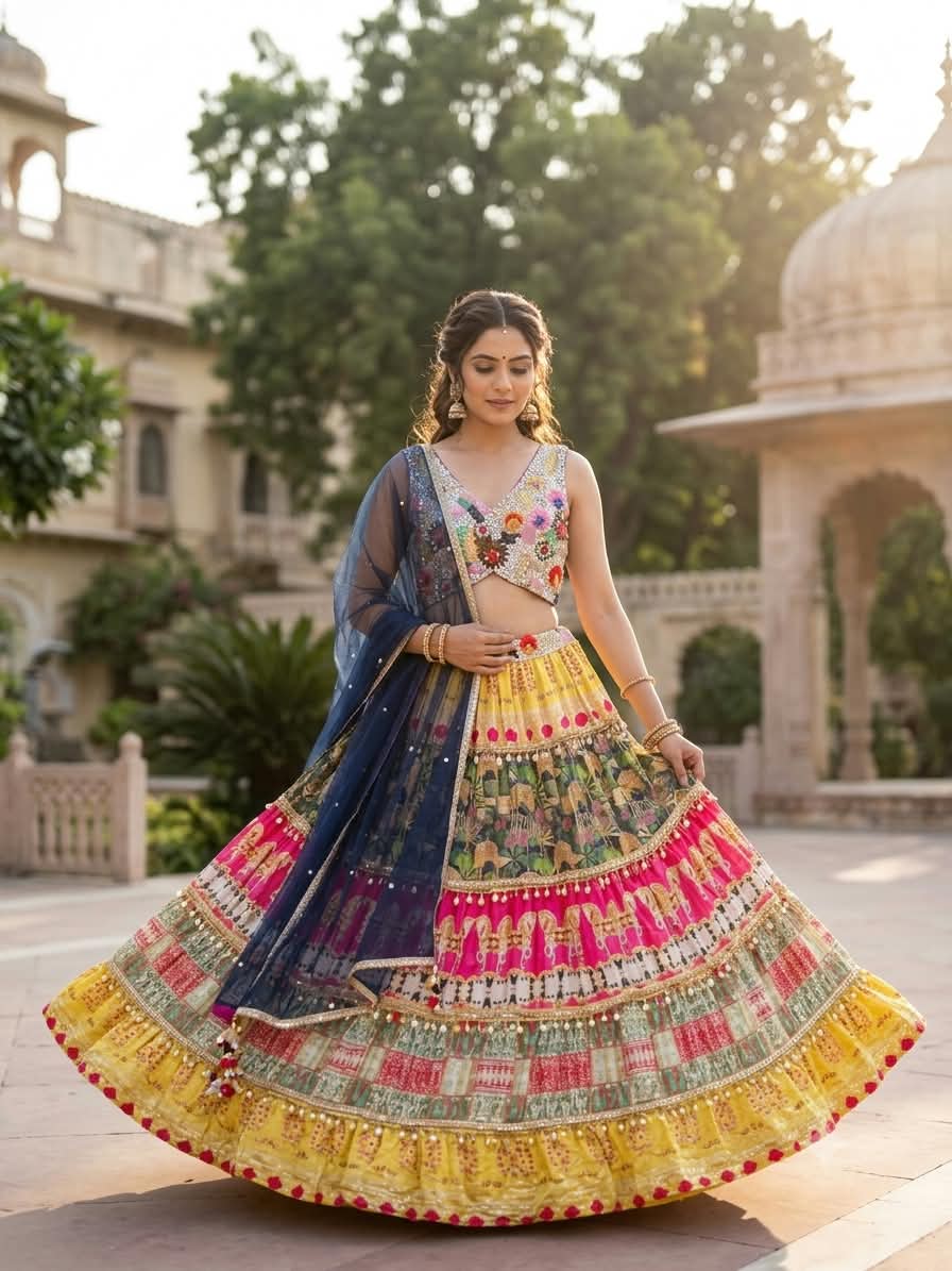 multi-colored, tiered festive Satin Silk lehenga choli printed lehenga skirt, and a navy-blue sheer dupatta.