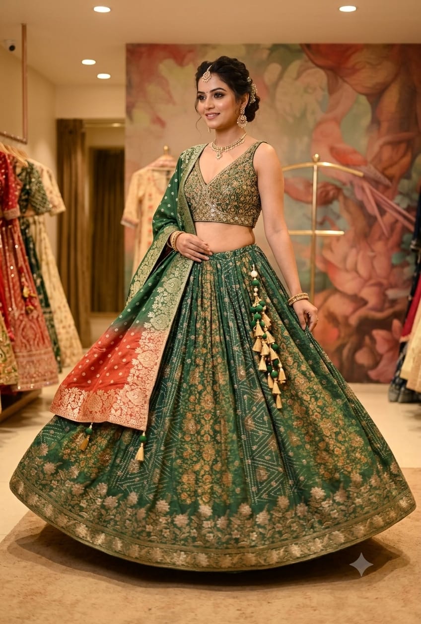 rich emerald-green and rust-red traditional Banarasi Silk lehenga choli printed lehenga skirt, and an ornate Banarasi-style dupatta.