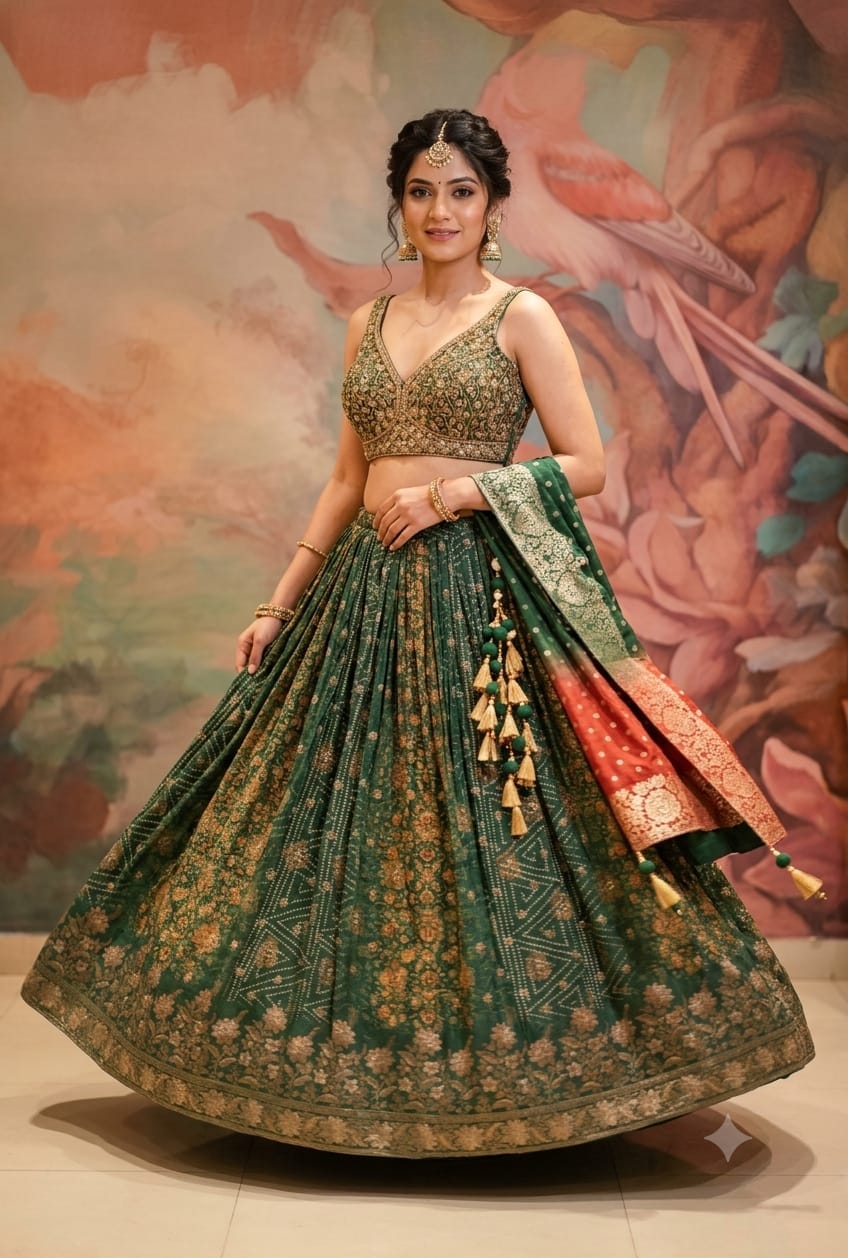 rich emerald-green and rust-red traditional Banarasi Silk lehenga choli printed lehenga skirt, and an ornate Banarasi-style dupatta.