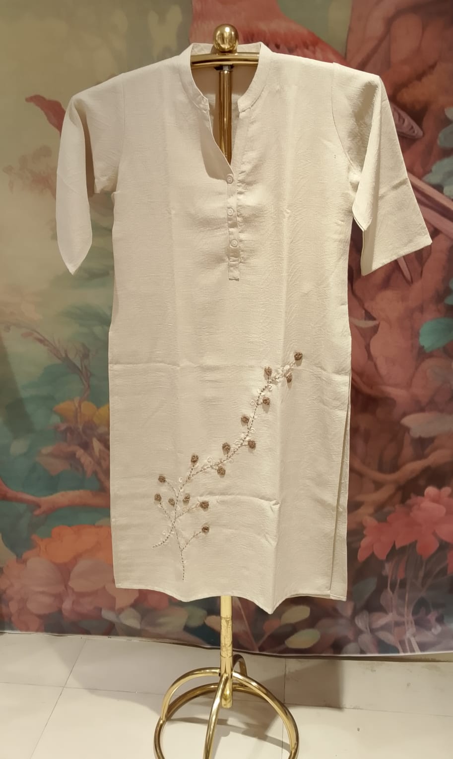 elegant off-Cream Lycra -blend straight kurta botanical hand-embroidery.