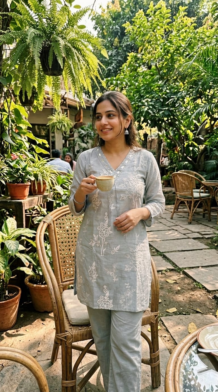 Silver Grey Embroidered Kurta & Pant Set  white floral embroidery and mirror work.