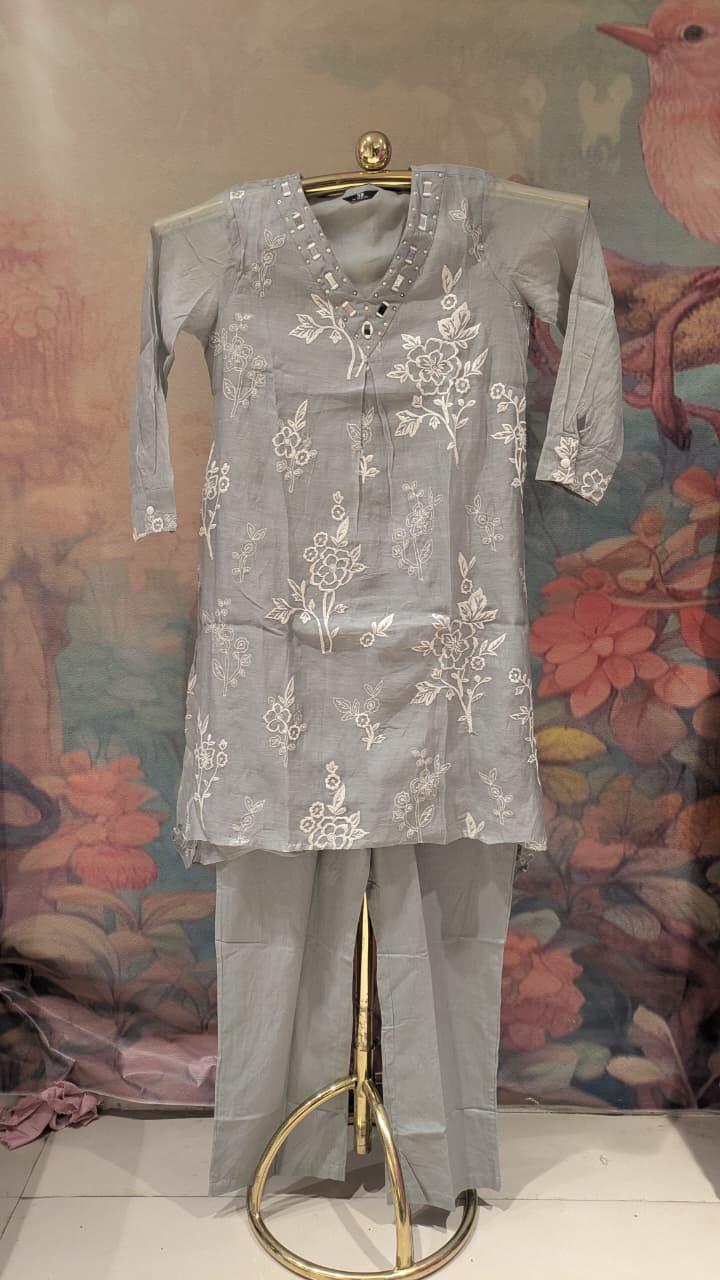 Silver Grey Embroidered Kurta & Pant Set  white floral embroidery and mirror work.
