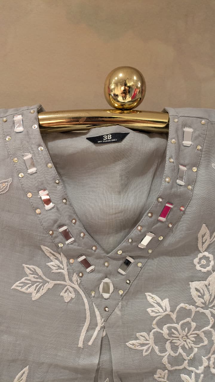 Silver Grey Embroidered Kurta & Pant Set  white floral embroidery and mirror work.