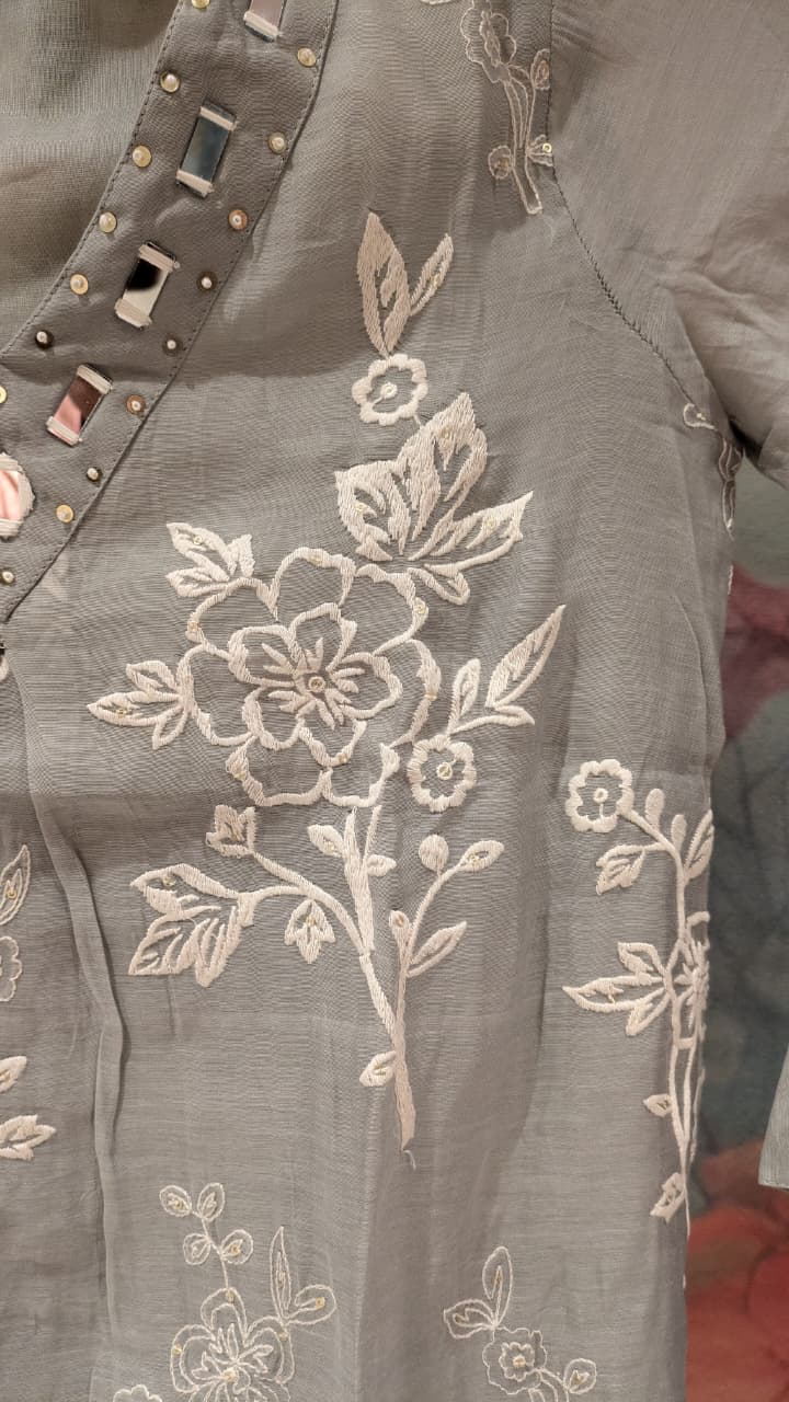 Silver Grey Embroidered Kurta & Pant Set  white floral embroidery and mirror work.