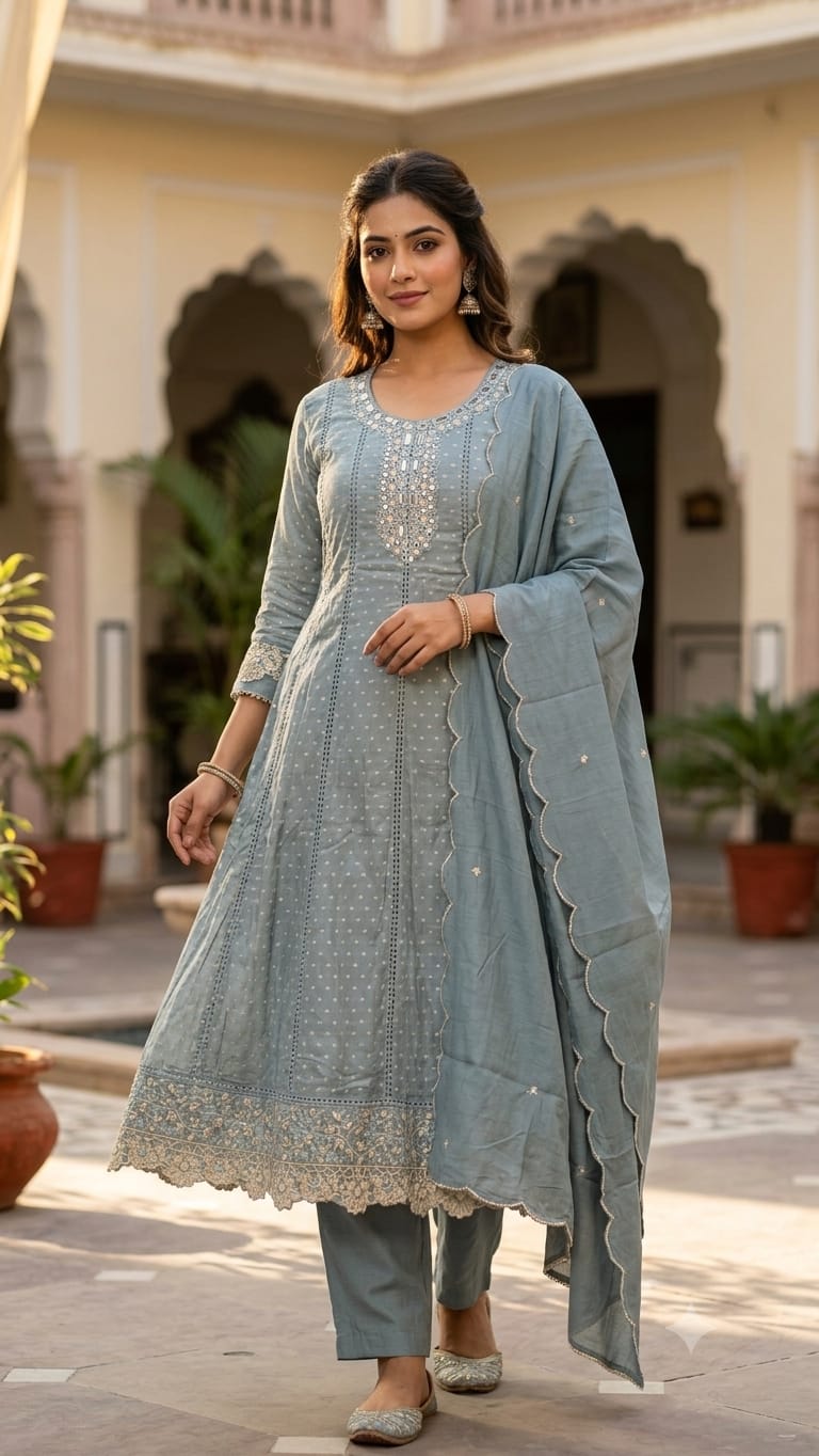 Dusty Slate Blue Anarkali Suit Set mirror work and lace detailing.