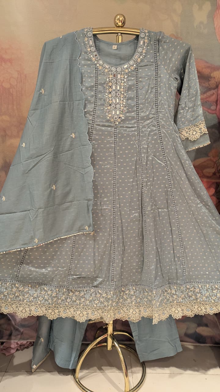 Dusty Slate Blue Anarkali Suit Set mirror work and lace detailing.