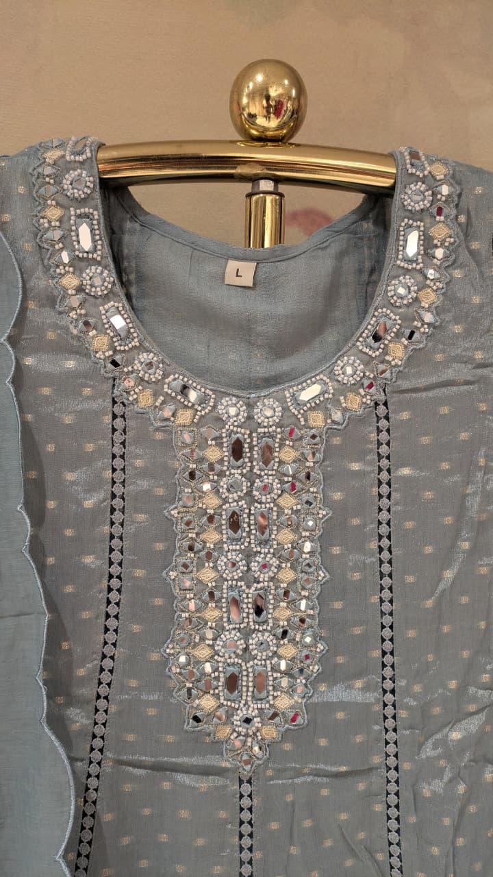 Dusty Slate Blue Anarkali Suit Set mirror work and lace detailing.