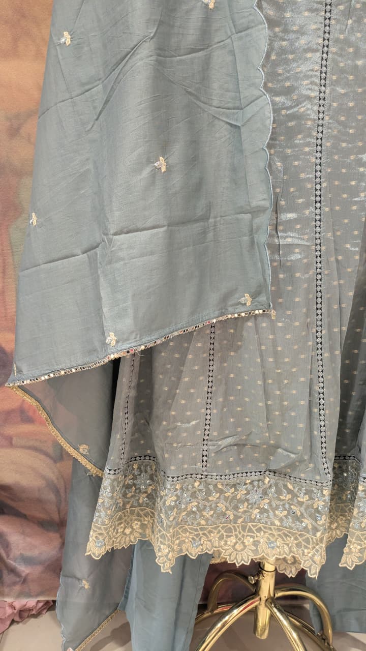 Dusty Slate Blue Anarkali Suit Set mirror work and lace detailing.