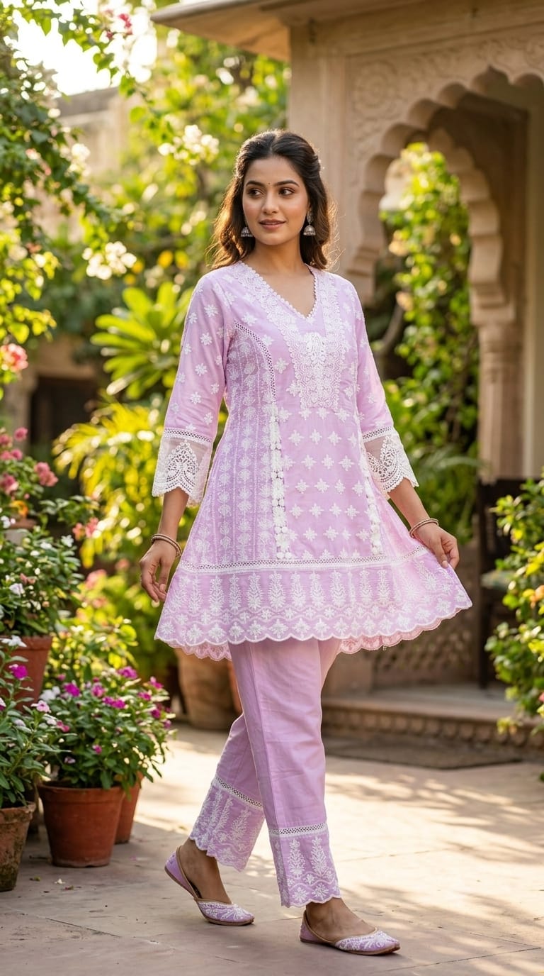 Light Pink Chikankari A-Line Short Kurta Set Lucknowi Chikankari embroidery.