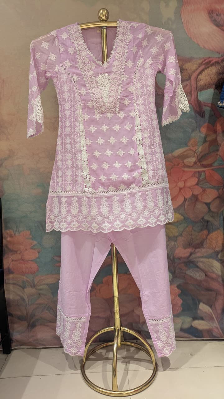 Light Pink Chikankari A-Line Short Kurta Set Lucknowi Chikankari embroidery.