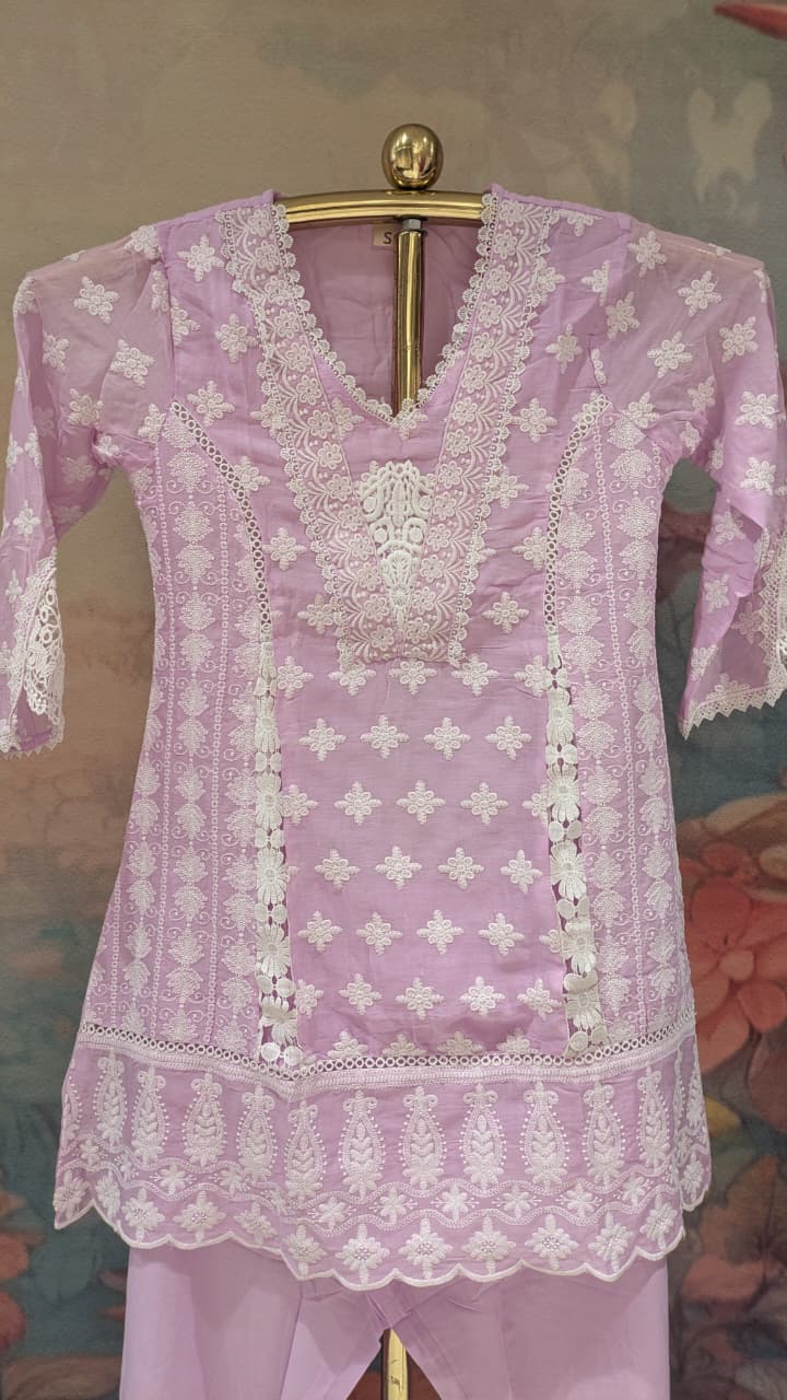 Light Pink Chikankari A-Line Short Kurta Set Lucknowi Chikankari embroidery.