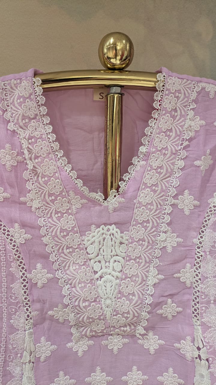 Light Pink Chikankari A-Line Short Kurta Set Lucknowi Chikankari embroidery.