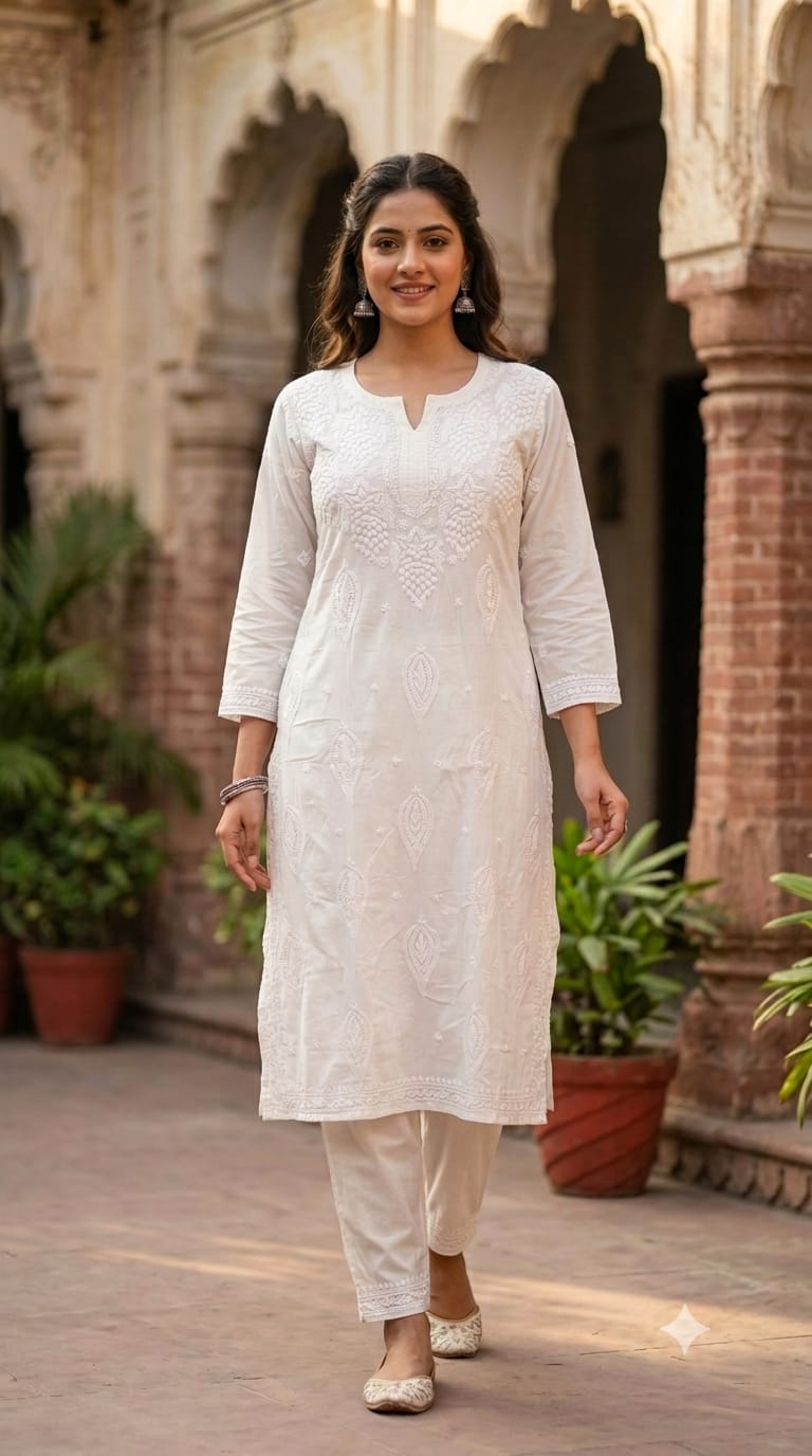 White Chikankari Mul Cotton Kurta Set, Casual wear, festive wear, daytime events, and office wear