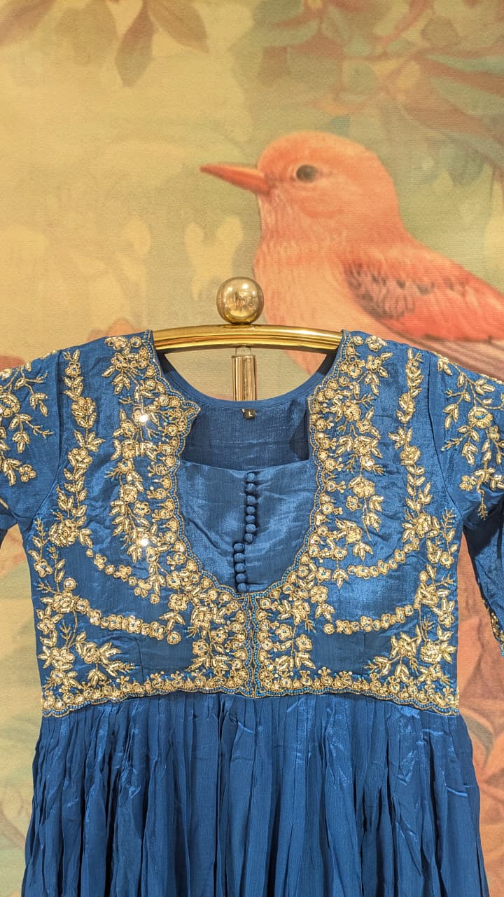 Royal Blue Zardozi Embroidered Georgette Gown.