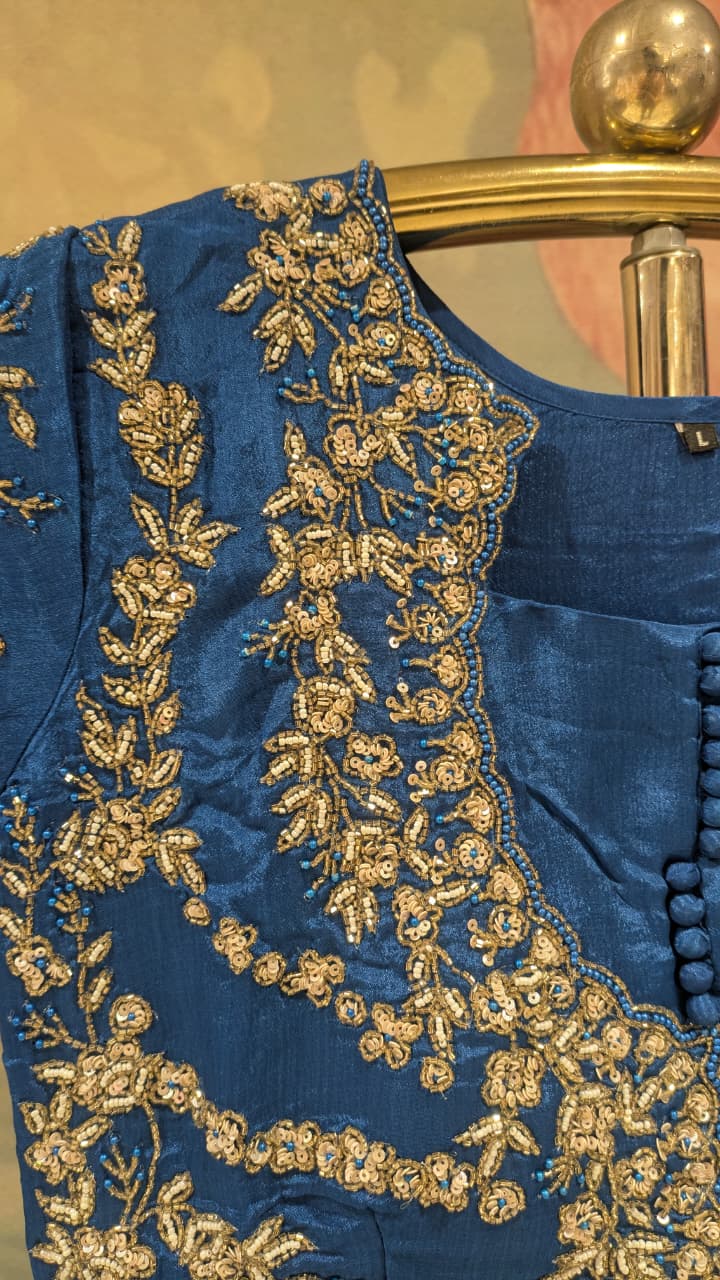 Royal Blue Zardozi Embroidered Georgette Gown.